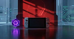 Console Nintendo Switch avec Joy-Cons gris, un cube violet lumineux et un contour de casque Virtual Boy rouge dans un décor numérique futuriste.