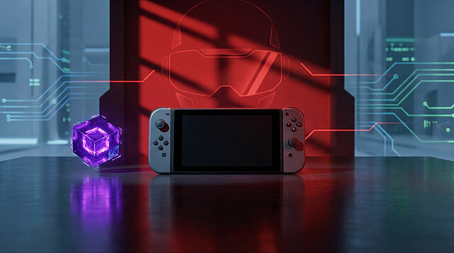 Switch : Quand le Virtual Boy rencontre Pokémon Console Nintendo Switch avec Joy-Cons gris, un cube violet lumineux et un contour de casque Virtual Boy rouge dans un décor numérique futuriste.