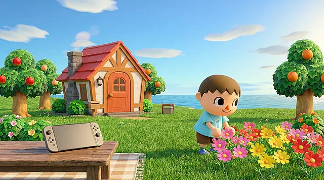 Animal Crossing : Le plaisir de l'île réparée Vue d'une île Animal Crossing avec un personnage arrosant des fleurs, une maison, des arbres fruitiers, la mer et une Nintendo Switch.