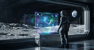 A figure in a dark space suit views a vibrant holographic interface displaying complex data and puzzles in a lunar facility, with Earth outside.