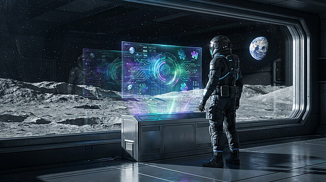 Lunar Research: Holographic Data A figure in a dark space suit views a vibrant holographic interface displaying complex data and puzzles in a lunar facility, with Earth outside.