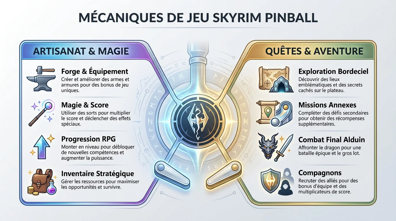Mécaniques de jeu de la table Skyrim Pinball avec forge et magie