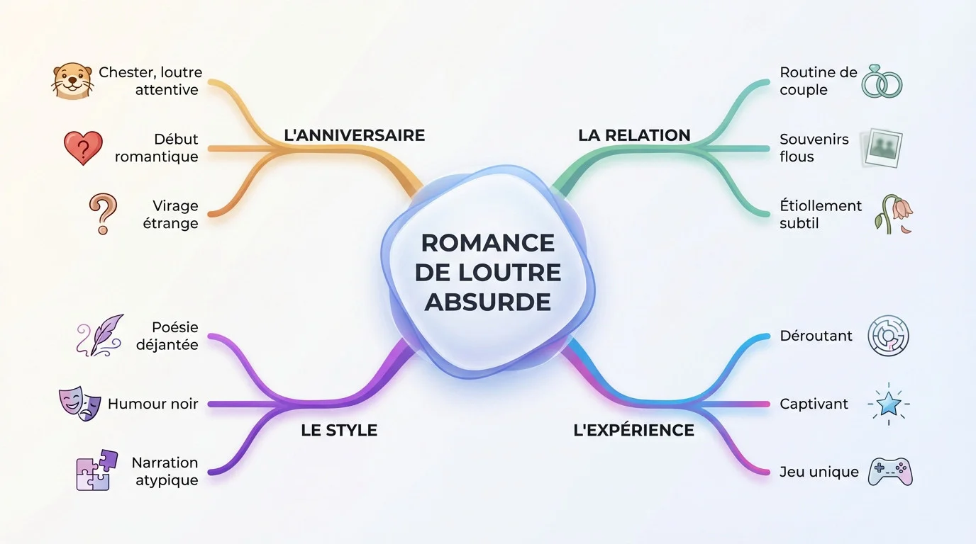 Mind map illustrant les thèmes du jeu narratif A Date With Chester 2 : romance, poésie et absurdité
