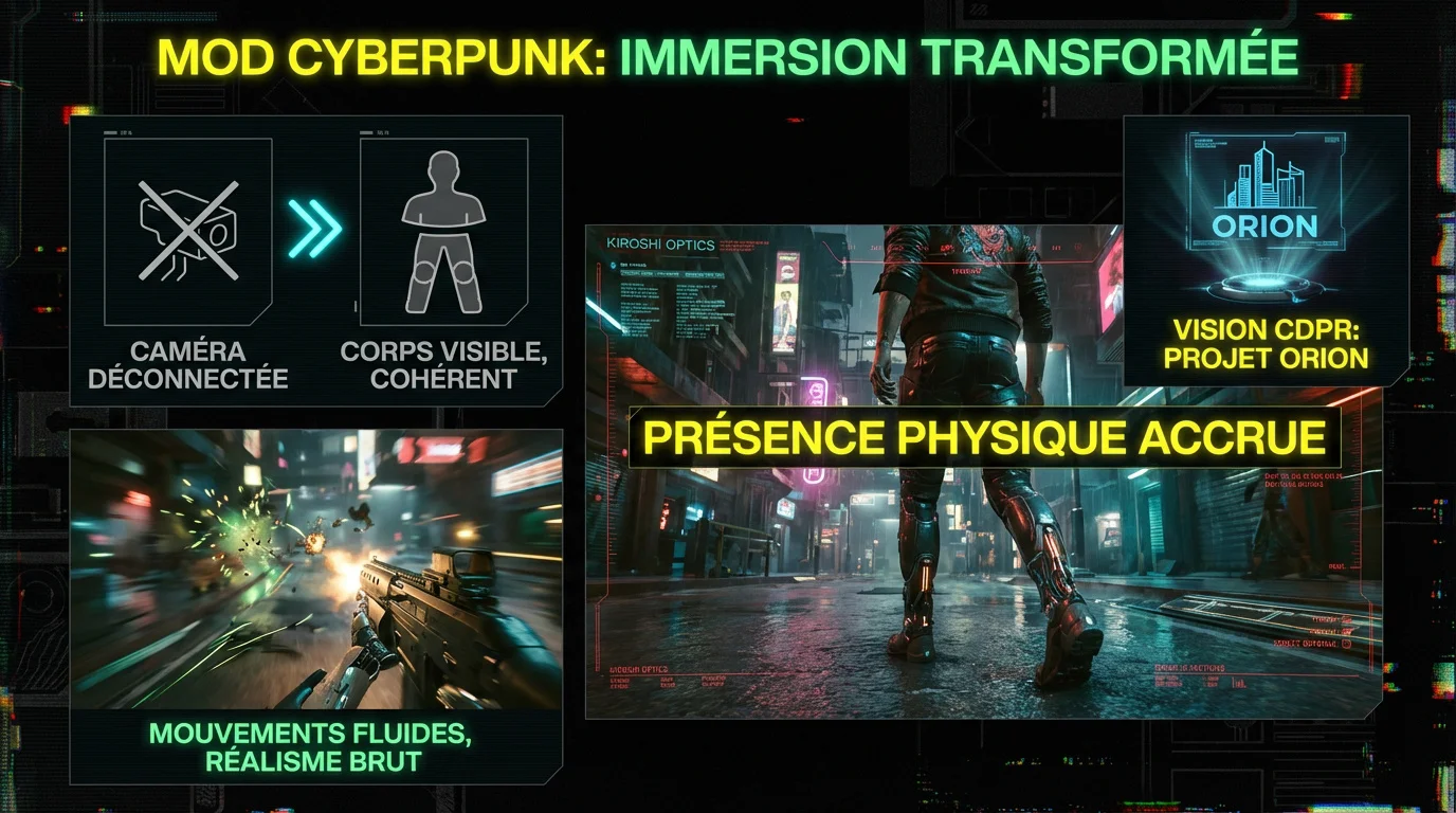 Vue immersive à la première personne dans Cyberpunk 2077 avec le corps visible
