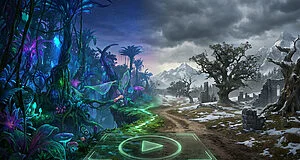 Paysage RPG divisé : jungle bioluminescente luxuriante, chemin vers montagnes enneigées et ruines. Bouton lecture central.
