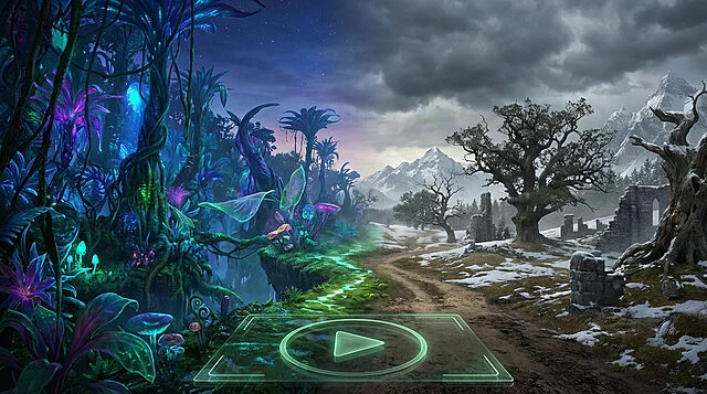 Mondes RPG : Luxuriance Bioluminescente et Terres Désolées Paysage RPG divisé : jungle bioluminescente luxuriante, chemin vers montagnes enneigées et ruines. Bouton lecture central.