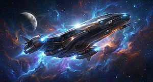Un vaisseau spatial futuriste noir et bronze, avec des propulseurs bleus, volant dans l'espace avec une nébuleuse colorée et une planète annelée en arrière-plan.