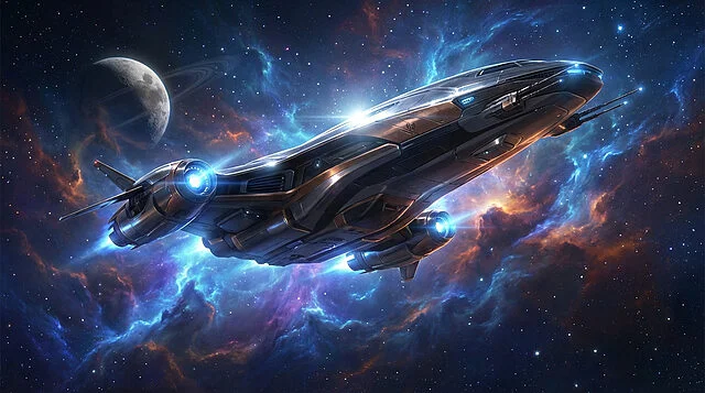 Star Citizen: Vaisseau en exploration spatiale Un vaisseau spatial futuriste noir et bronze, avec des propulseurs bleus, volant dans l'espace avec une nébuleuse colorée et une planète annelée en arrière-plan.