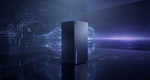 A sleek, dark matte metallic next-gen gaming console with blue and purple glowing accents sits on a reflective surface, surrounded by glowing circuit lines and a futuristic, blurred horizon in cool tones.