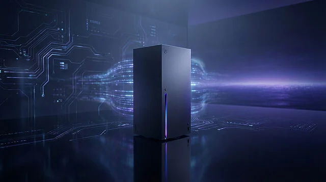 A sleek, dark matte metallic next-gen gaming console with blue and purple glowing accents sits on a reflective surface, surrounded by glowing circuit lines and a futuristic, blurred horizon in cool tones.
