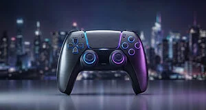 A modern, dark metallic video game controller with glowing blue and purple accents in sharp focus, against a blurred night cityscape.