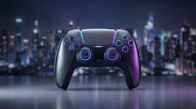 A modern, dark metallic video game controller with glowing blue and purple accents in sharp focus, against a blurred night cityscape.