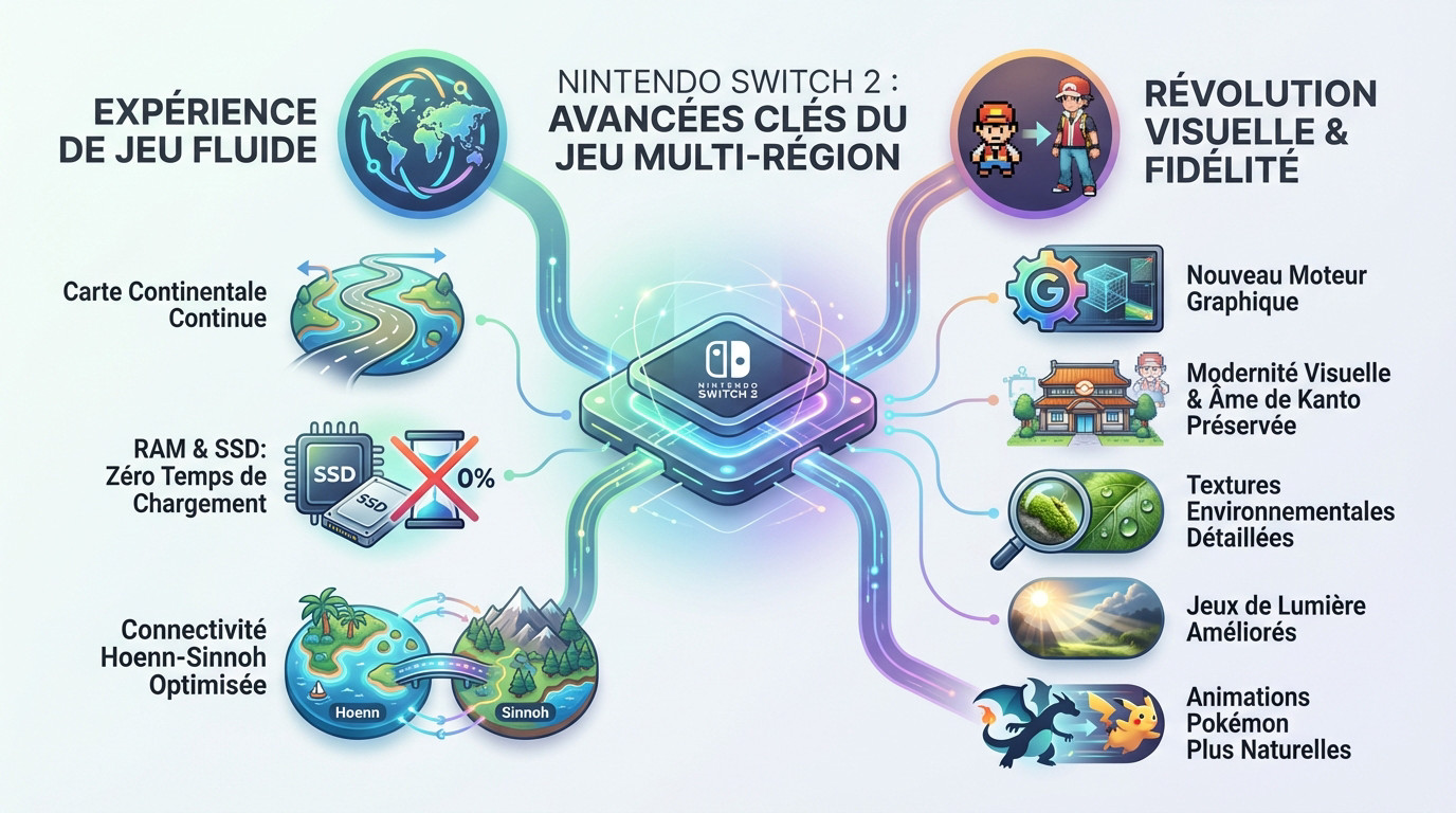 Illustration du Project Seed Pokémon sur Nintendo Switch 2 avec un monde multi-régions