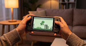 Close-up of hands holding a modern handheld console displaying an 8-bit pixel art game with a green dinosaur in a cozy living room.