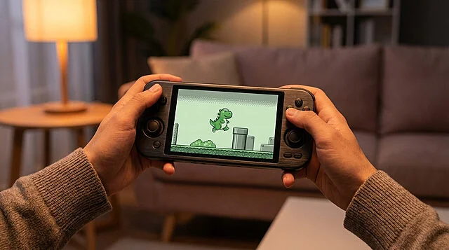 Nostalgic Pixels on a Modern Handheld Console Close-up of hands holding a modern handheld console displaying an 8-bit pixel art game with a green dinosaur in a cozy living room.