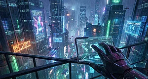 Main bionique devant une ville futuriste pluvieuse, pleine de gratte-ciel néon et de véhicules volants. Ambiance cyberpunk.