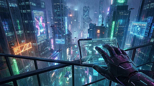 L'immersion Cyberpunk : Night City sous la pluie néon Main bionique devant une ville futuriste pluvieuse, pleine de gratte-ciel néon et de véhicules volants. Ambiance cyberpunk.