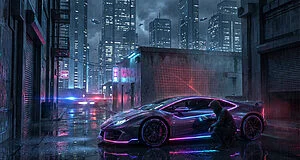 Image de style cyberpunk d'un voleur piratant une voiture de sport néon sous la pluie, dans une ruelle de ville futuriste.