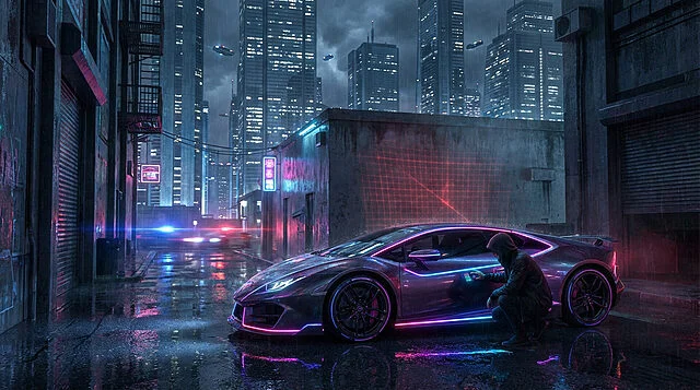 Vol de voiture cyberpunk sous la pluie Image de style cyberpunk d'un voleur piratant une voiture de sport néon sous la pluie, dans une ruelle de ville futuriste.