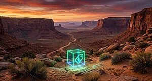 Boîte lumineuse néon avec icône d'offre dans un vaste désert rougeoyant au coucher du soleil, un chemin serpente au loin.