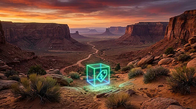 RDR2 : L'offre ultime Epic Games au cœur du désert Boîte lumineuse néon avec icône d'offre dans un vaste désert rougeoyant au coucher du soleil, un chemin serpente au loin.