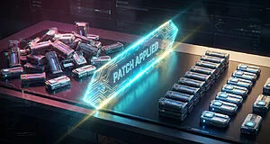 Illustration d'un patch appliqué. Des objets de jeu glitchés et dupliqués à gauche contrastent avec des versions propres et ordonnées à droite.