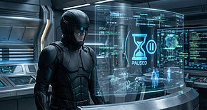 Soldat futuriste en tenue sombre devant un écran transparent affichant 'PAUSED' et une icône sablier dans un labo hi-tech.
