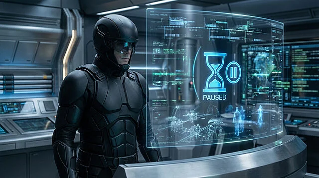 Report de jeu: Soldat futuriste face à l'écran PAUSED Soldat futuriste en tenue sombre devant un écran transparent affichant 'PAUSED' et une icône sablier dans un labo hi-tech.