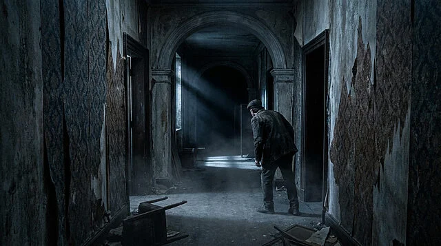 Peering Into The Unknown Figure in a derelict mansion corridor peers into a dark, misty archway, illuminated by a dramatic light beam. Peeling walls.