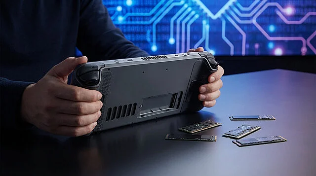 Pénurie de composants : le Steam Deck en difficulté Mains tenant un Steam Deck avec son compartiment de stockage ouvert, des SSD M.2 sur la table et un fond de circuit imprimé.