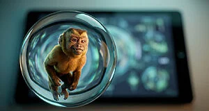 Highly detailed, playful monkey in a clear, reflective ball, foregrounded against a blurred tablet screen with abstract digital interface.
