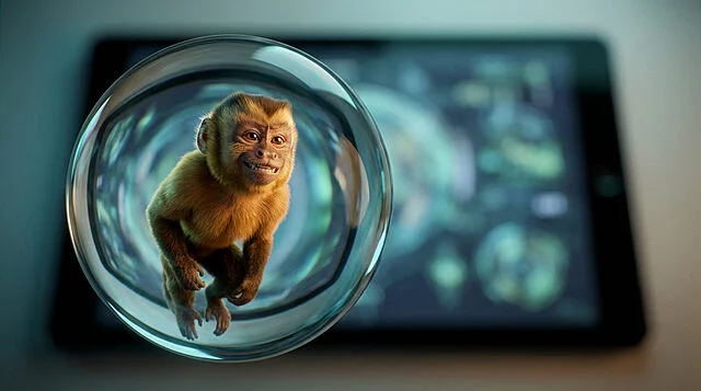 Playful Monkey in Digital Orb Highly detailed, playful monkey in a clear, reflective ball, foregrounded against a blurred tablet screen with abstract digital interface.