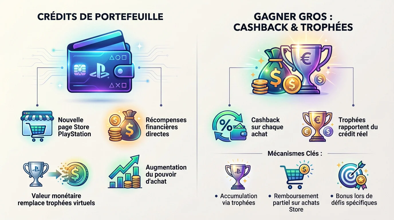 Interface conceptuelle du Wallet Credit PlayStation montrant des gains financiers et des trophées