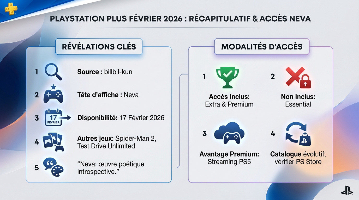 Récapitulatif des jeux PlayStation Plus de février 2026 incluant le jeu Neva