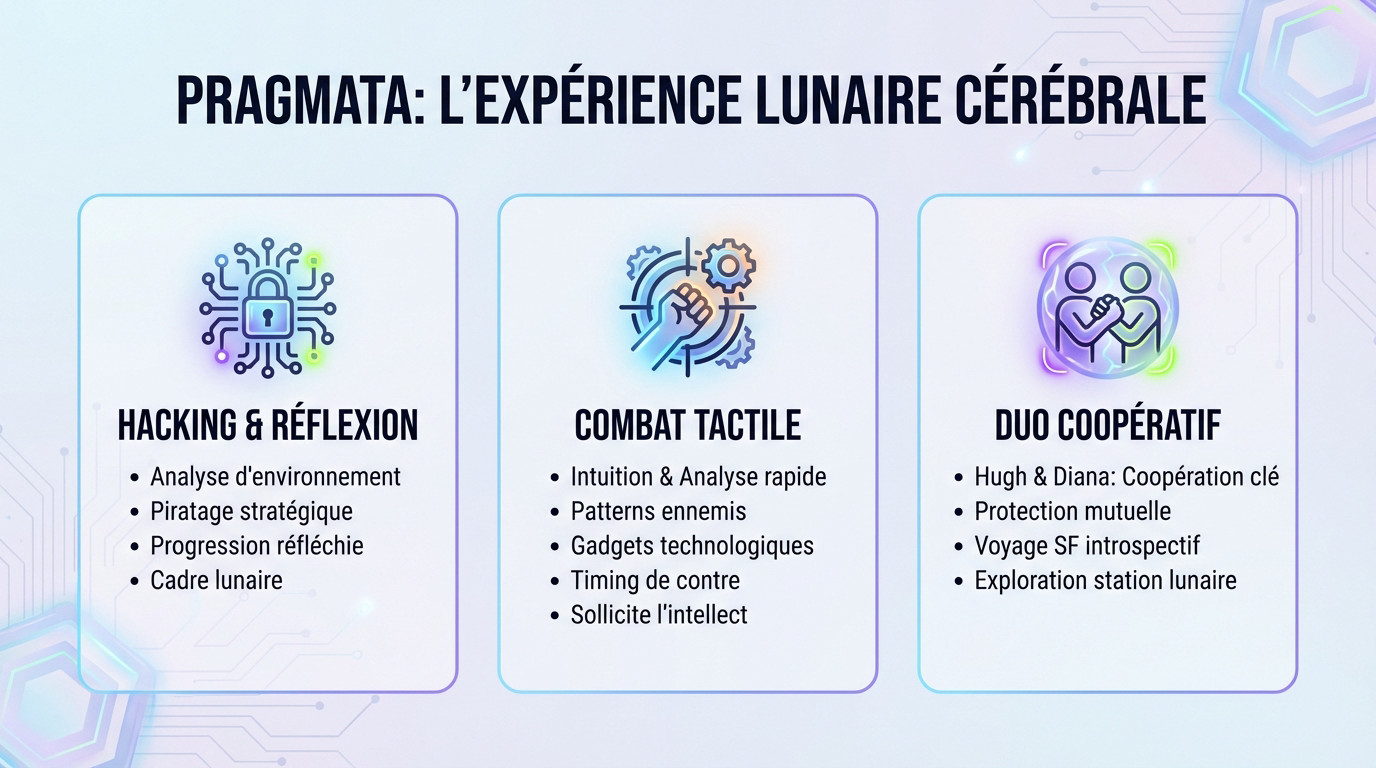 Gameplay de Pragmata montrant Hugh et Diana dans la station lunaire