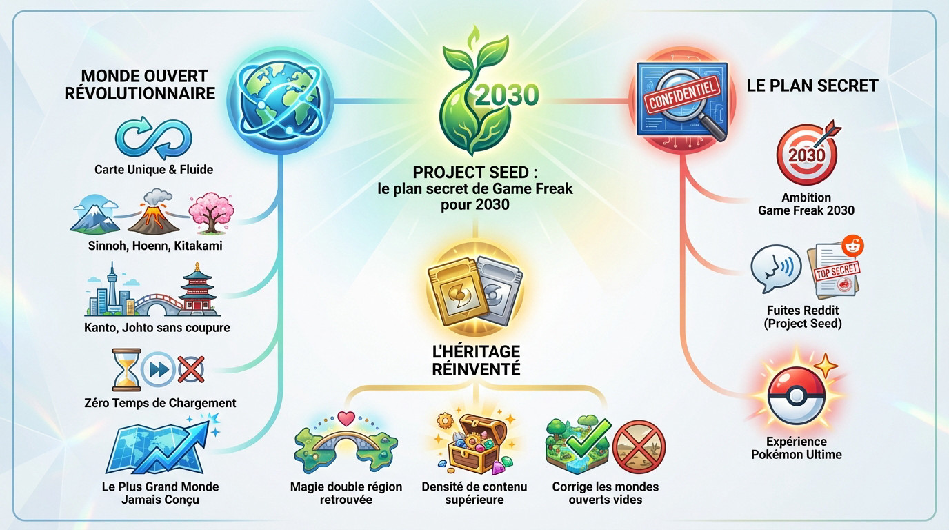 Illustration du Project Seed Pokémon avec plusieurs régions en monde ouvert