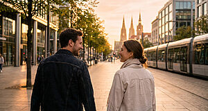 Vue arrière d'un couple souriant, se regardant lors d'une promenade en ville au coucher du soleil, avec un tram et des clochers.