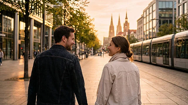 Another Day With You : promenade au crépuscule Vue arrière d'un couple souriant, se regardant lors d'une promenade en ville au coucher du soleil, avec un tram et des clochers.