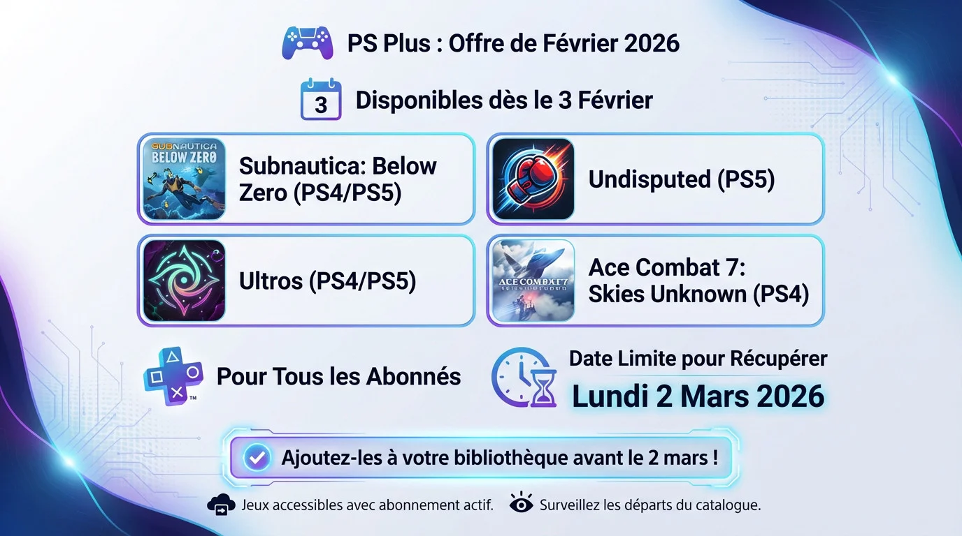 Affiche promotionnelle des jeux PlayStation Plus de février 2026 incluant Subnautica Below Zero