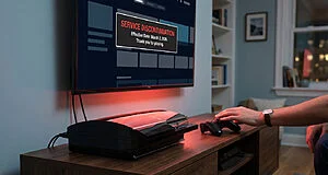 A hand rests on a classic black PS3 controller next to the console. A TV displays "Service Discontinuation: March 2, 2026."