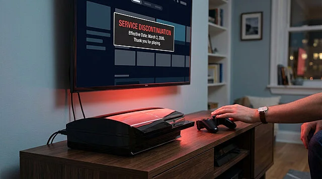 PS3 Era's End: Service Discontinuation Message A hand rests on a classic black PS3 controller next to the console. A TV displays "Service Discontinuation: March 2, 2026."