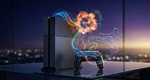 Console PlayStation 4 noire avec manette DualShock, des silhouettes lumineuses de combattants et une explosion colorée.