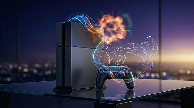 PlayStation 4 : L'immersion du jeu Console PlayStation 4 noire avec manette DualShock, des silhouettes lumineuses de combattants et une explosion colorée.
