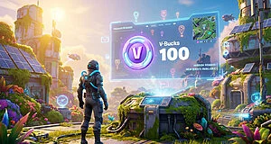 Un personnage futuriste observe un écran holographique affichant une récompense de 100 V-Bucks et de nouvelles quêtes dans un monde luxuriant de Fortnite.