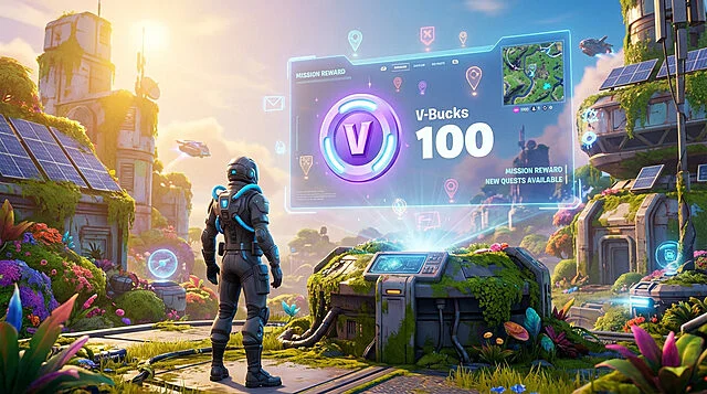 Récompense de V-Bucks dans l'univers Fortnite Un personnage futuriste observe un écran holographique affichant une récompense de 100 V-Bucks et de nouvelles quêtes dans un monde luxuriant de Fortnite.