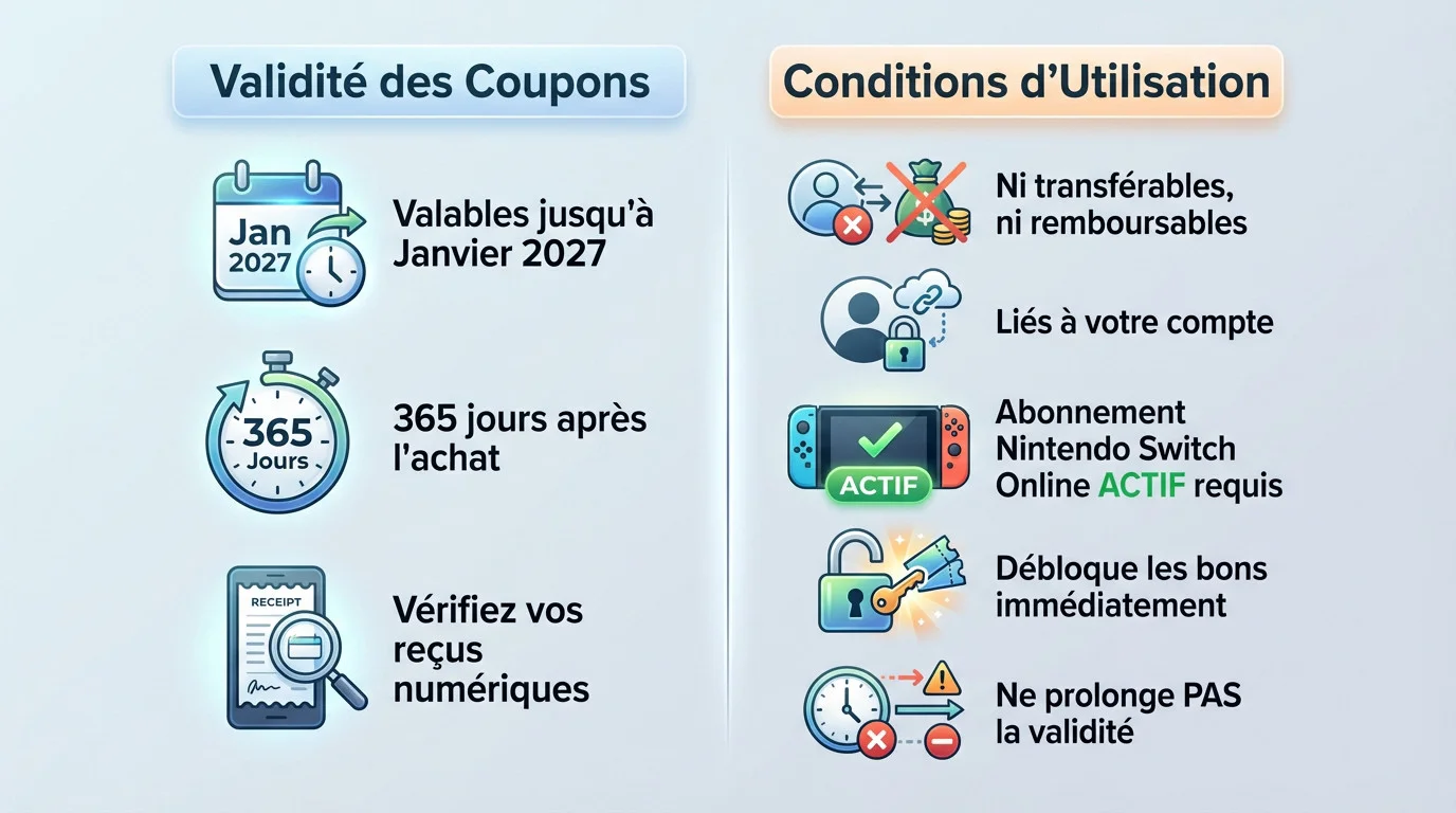 Règles de validité et conditions d'utilisation des coupons Nintendo Switch Online