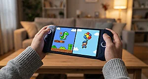 Hands hold a modern handheld console displaying pixel art: a green dinosaur on left, character with balloons on right, in a blurred living room.