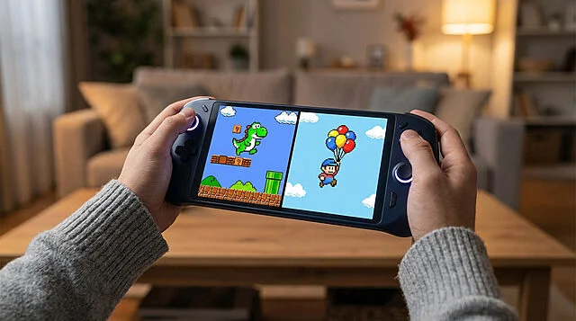 Retro Pixel Gaming on Modern Handheld Console Hands hold a modern handheld console displaying pixel art: a green dinosaur on left, character with balloons on right, in a blurred living room.