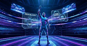 A triumphant athlete in a futuristic neon arena, surrounded by glowing 'Ringside Pass' and 'Rewards Unlocked' digital interfaces.