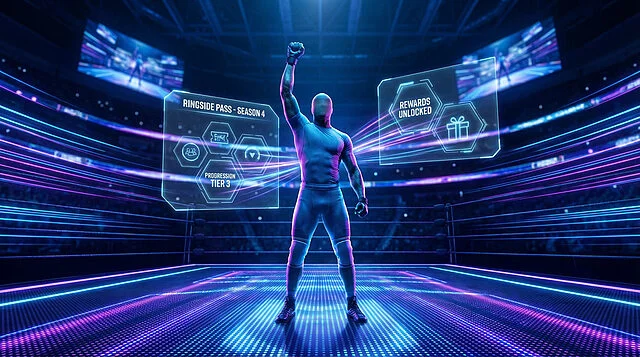 Ringside Pass: Unlocking New Content & Rewards A triumphant athlete in a futuristic neon arena, surrounded by glowing 'Ringside Pass' and 'Rewards Unlocked' digital interfaces.
